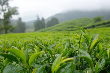 Fototapeta premium A lush green field with a few trees in the background. The field is wet and the leaves are glistening