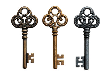 Ornamental Brass Keys Collection on Transparent Background - Cut Out