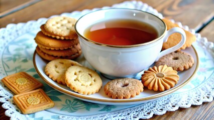 Fototapeta premium Enjoying a warm cup of tea alongside an assortment of delightful cookies and biscuits on a rustic wooden table