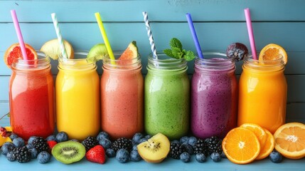 Healthy drinks background with an array of colorful fruit smoothies in mason jars, garnished with fruit slices and straws on a bright, summery backdrop.