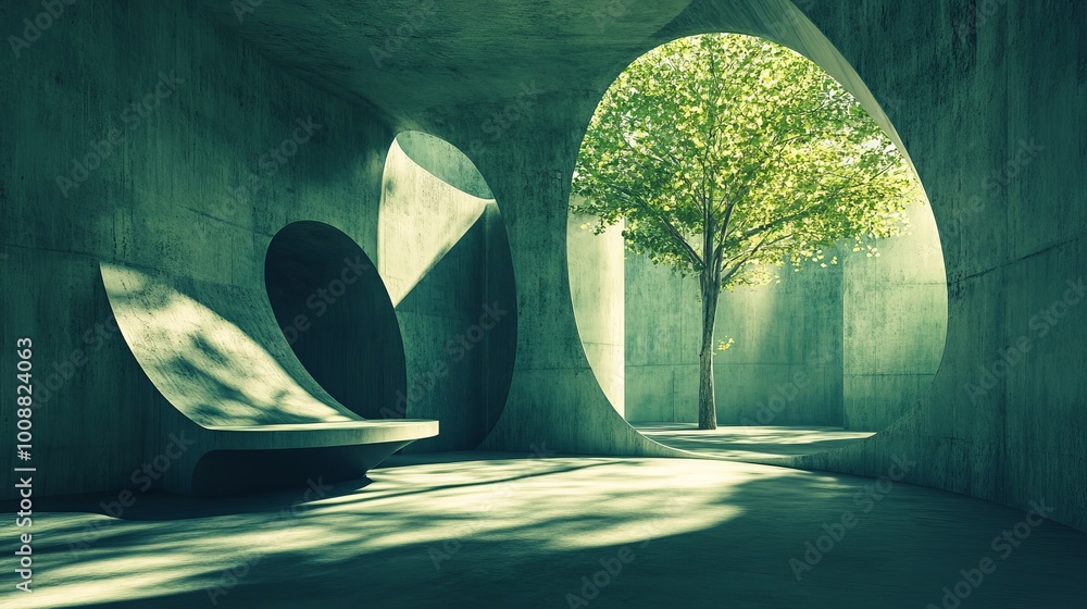 Poster abstract greencolored empty concrete interior with grunge textures round and curved structures light