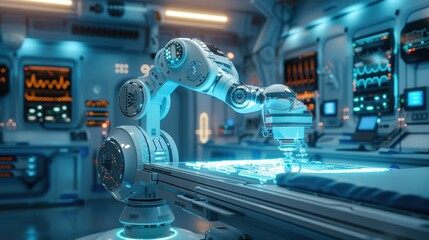 High-tech robotic system executing laser surgery in a future OR, with holographic technology displaying detailed surgical pathways and patient data.