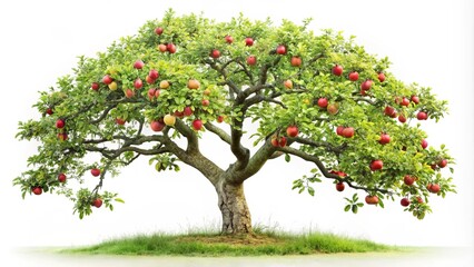 A robust apple tree laden with ripe red fruit stands tall against a pure white backdrop, showcasing the vibrant beauty of nature's bounty.