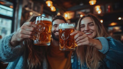 Intimate close-up of three friends raising their beer glasses in a pub, soft focus and shallow depth of field capturing their joyful expressions and camaraderie