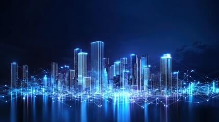 Obraz premium Futurist urban skyline, holographic architectural schematic, symbolizing digital twin technology