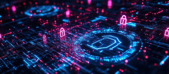 Abstract digital cybersecurity concept with glowing padlocks and