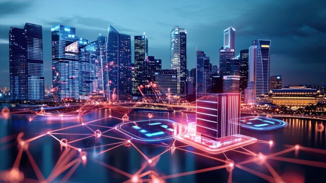 https://s.mj.run/4T4s-dN70NI blockchain technology symbols, representing the pilot project for government grant payouts in Singapore.