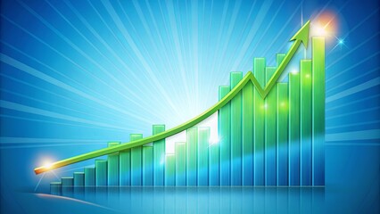 A Green Arrow Ascending Through Blue Striped Bars Representing Progress and Success on a Blue and White Background