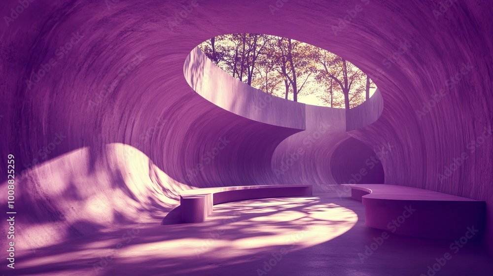 Poster abstract purplecolored empty concrete interior with grunge textures round and curved structures ligh