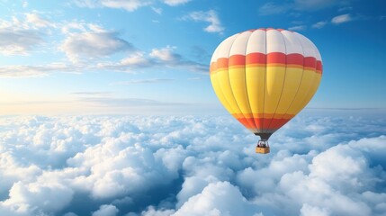 Fototapeta premium Colorful hot air balloons soar above the clouds, offering a bird's-eye view of fluffy white clouds against a deep blue sky.