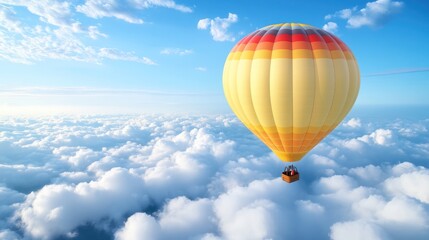 Fototapeta premium Colorful hot air balloons soar above the clouds, offering a bird's-eye view of fluffy white clouds against a deep blue sky.
