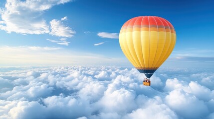 Fototapeta premium Colorful hot air balloons soar above the clouds, offering a bird's-eye view of fluffy white clouds against a deep blue sky.