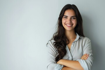 Young woman with a bright smile and arms crossed, posing against a white background , background blur