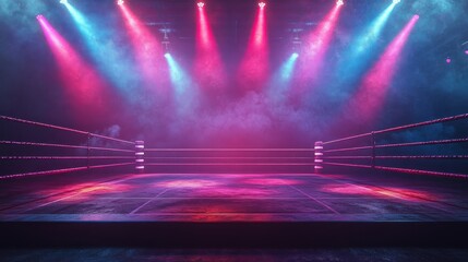 Empty boxing ring with dramatic lighting and smoke.
