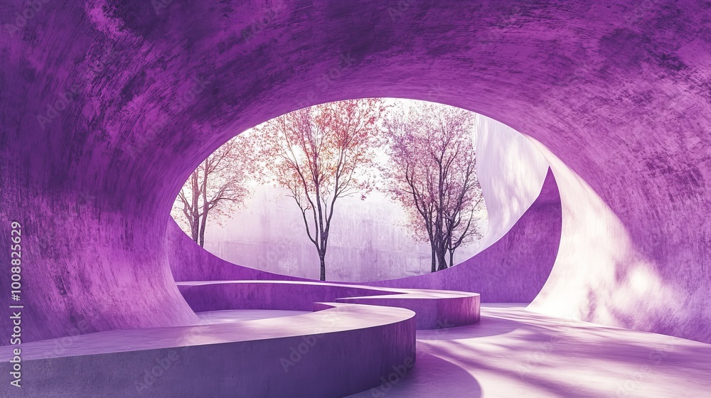 Poster abstract purplecolored empty concrete interior with grunge textures round and curved structures ligh
