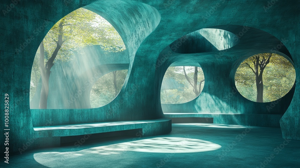 Poster abstract turquoisecolored empty concrete interior with grunge textures round and curved structures l