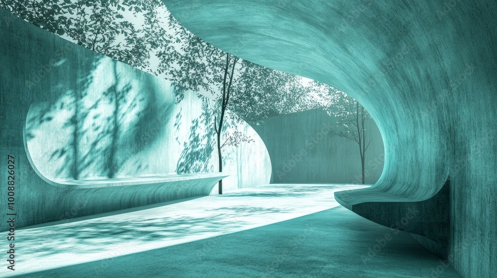 Poster abstract turquoisecolored empty concrete interior with grunge textures round and curved structures l
