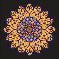 a vibrant mandala design with a striking combination of purple and yellowish-orange hues