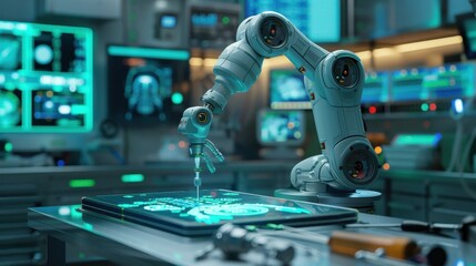 Robotic arm performing laser surgery in a futuristic OR, surrounded by holographic displays of medical data and 3D surgical models.