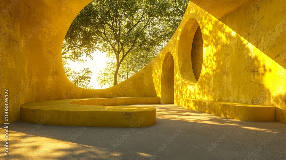 Poster abstract yellowcolored empty concrete interior with grunge textures round and curved structures ligh