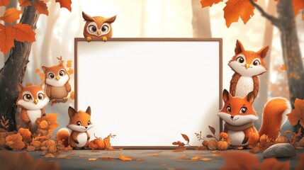 Fototapeta premium An empty frame surrounded by cute cartoon animals, an autumn theme, for use in presentations for both academic and media purposes.