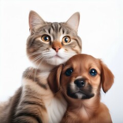 Isolated adorable dog hugging a cat