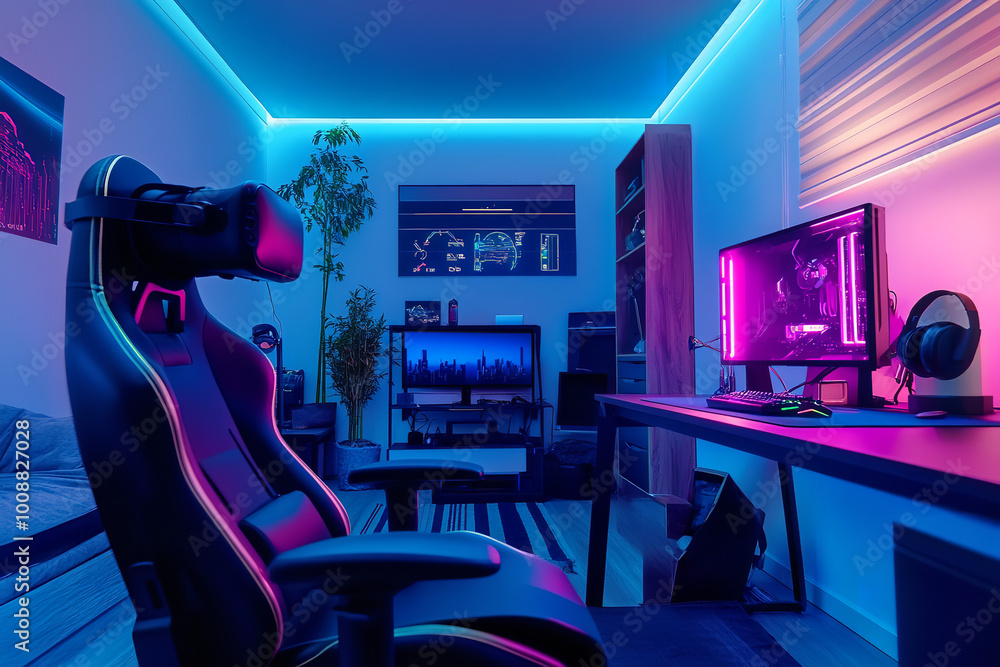 Poster Futuristic Gaming Room with Virtual Reality and Ambient Lighting  