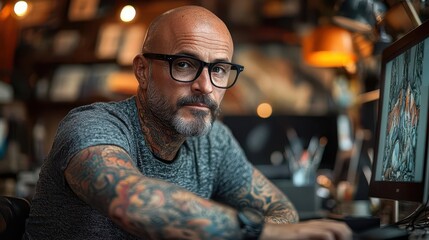 Fototapeta premium digital artist immersed in creativity showcasing tattoos black glasses and a bald head surrounded by tools and artwork embodying a unique blend of modern artistry and personal expression