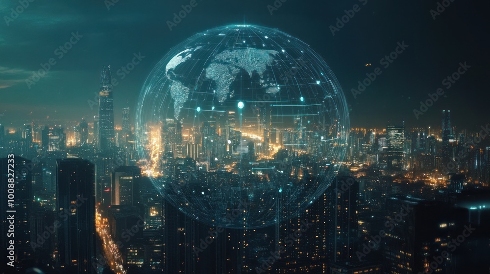 Poster artificial intelligence overlooking a smart city the city is connected to the global mobile internet
