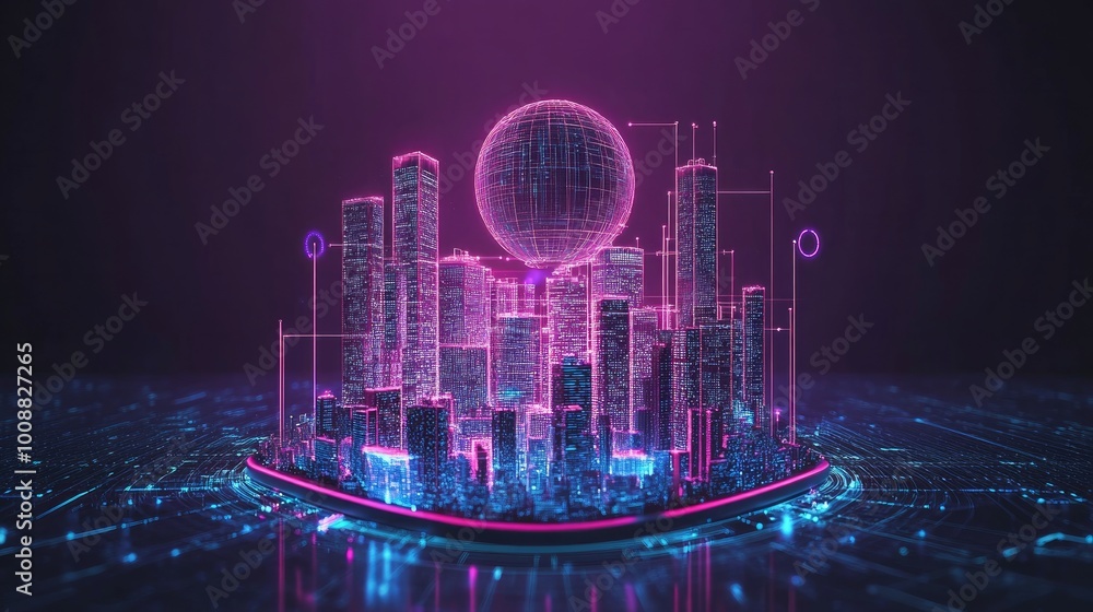 Poster artificial intelligence overlooking a smart city the city is connected to the global mobile internet