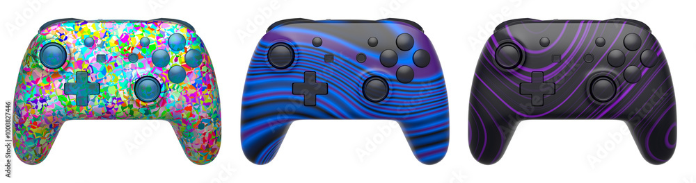 Poster collection of gaming controllers with different colors and designs for gaming enthusiasts isolated o