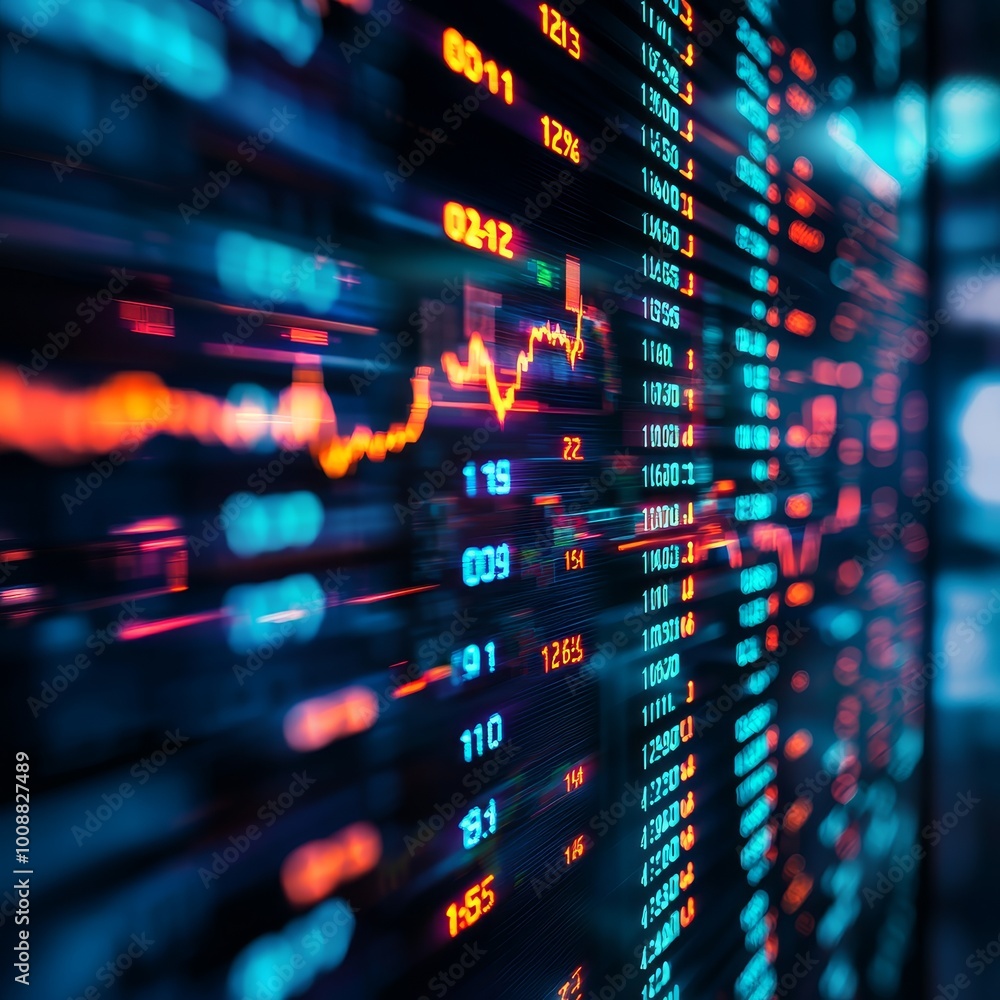 Poster abstract financial chart with digital data visualization on dark background.