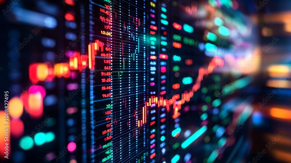 Poster abstract financial data visualization with vibrant graphs and charts.