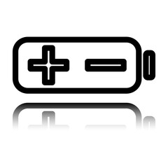 Battery, plus minus simple icon. Flat design. Black icon with mirror reflection. White background