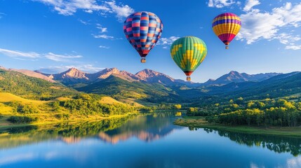Fototapeta premium A group of hot air balloons are flying over a lake