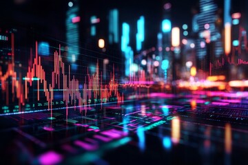 Fototapeta premium Futuristic digital cityscape with vibrant neon lights and data graphs.
