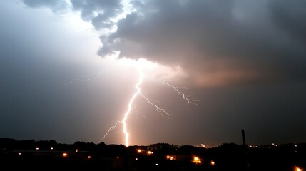 Lightning Strike Illuminates Dark Storm Clouds over Cityscape at Night