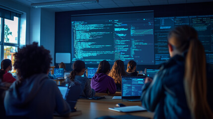 Teacher give computer science lecture to diverse group of students