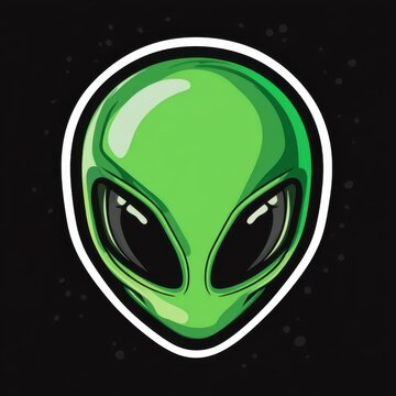 Vector sticker with a black background, featuring a cartoon green alien head logo design. Graphics for easy printing on t-shirts