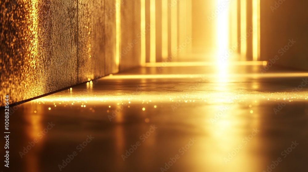 Poster bright golden shine projected onto a dark wall and floor creating a blurred background with an ombre