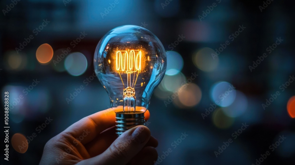 Poster a hand holding a glowing light bulb with a blurred bokeh background