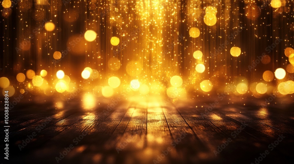 Poster bright golden shine projected onto a dark wall and floor creating a blurred background with an ombre