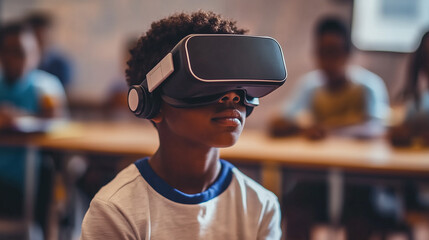 young african american boy with VR headset in a classroom at school