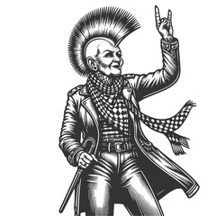 Obraz premium elderly punk with mohawk, leather jacket and flashing a rocker hand sign, rebellious spirit sketch engraving generative ai vector illustration. Scratch board imitation. Black and white image.