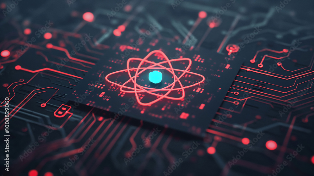 Poster a digital representation of an atom amidst circuit patterns, symbolizing the fusion of science and t