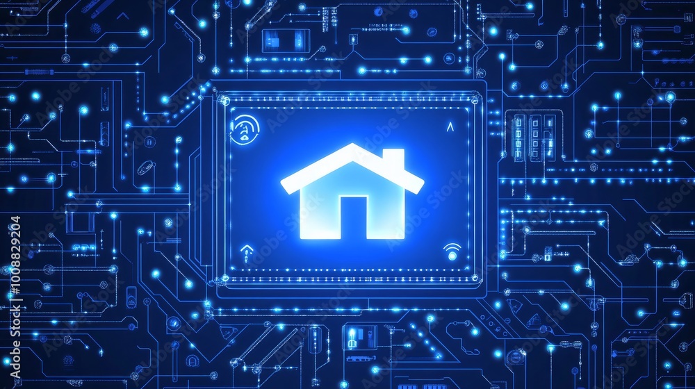Poster circuit board background featuring a smart home sign a vector illustration that conveys the concept 