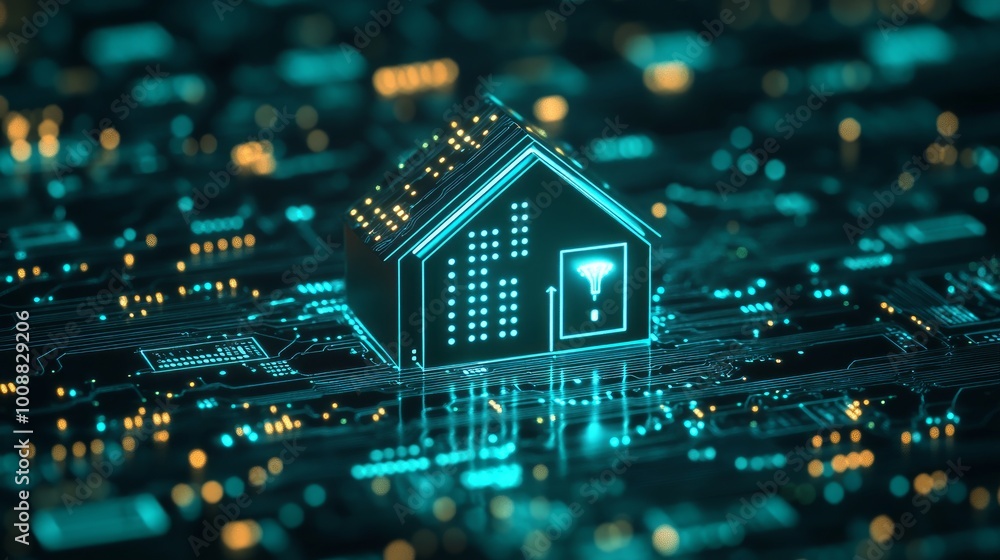 Poster circuit board in the shape of a house icon represents the concept of home automation and smart techn