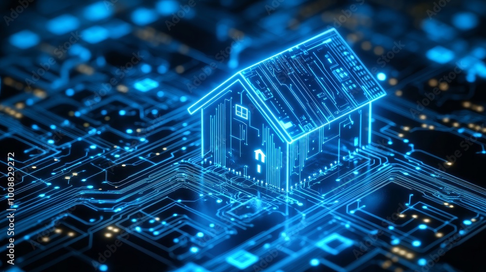 Poster circuit board in the shape of a house icon represents the concept of home automation and smart techn