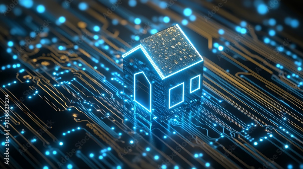 Poster circuit board in the shape of a house icon represents the concept of home automation and smart techn