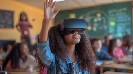 young african american girl with VR headset in a classroom at school